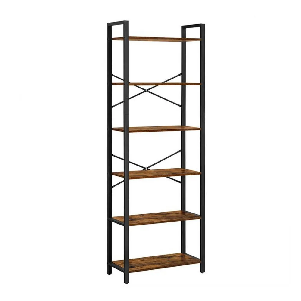 73 Inch Modern Shoe Rack, 6 Open Shelves, Black Metal Frame, Brown Wood By Casagear Home