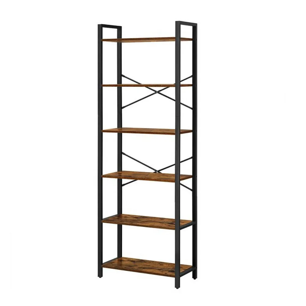 73 Inch Modern Shoe Rack, 6 Open Shelves, Black Metal Frame, Brown Wood By Casagear Home