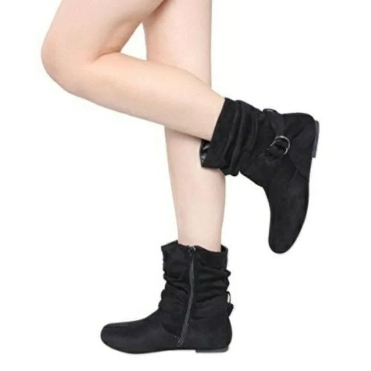 Adjustable Buckle Flat Heel Suede Slouchy Boots