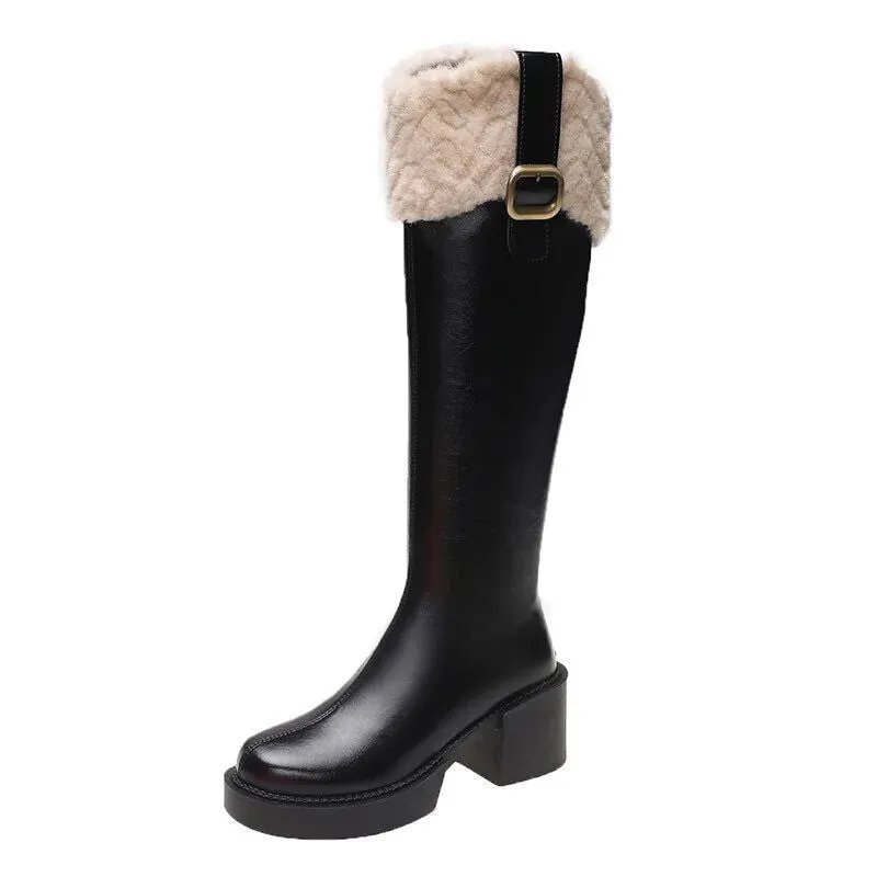 Belt Buckle Plush Fur Edge Knee High Gothic Platform Boots