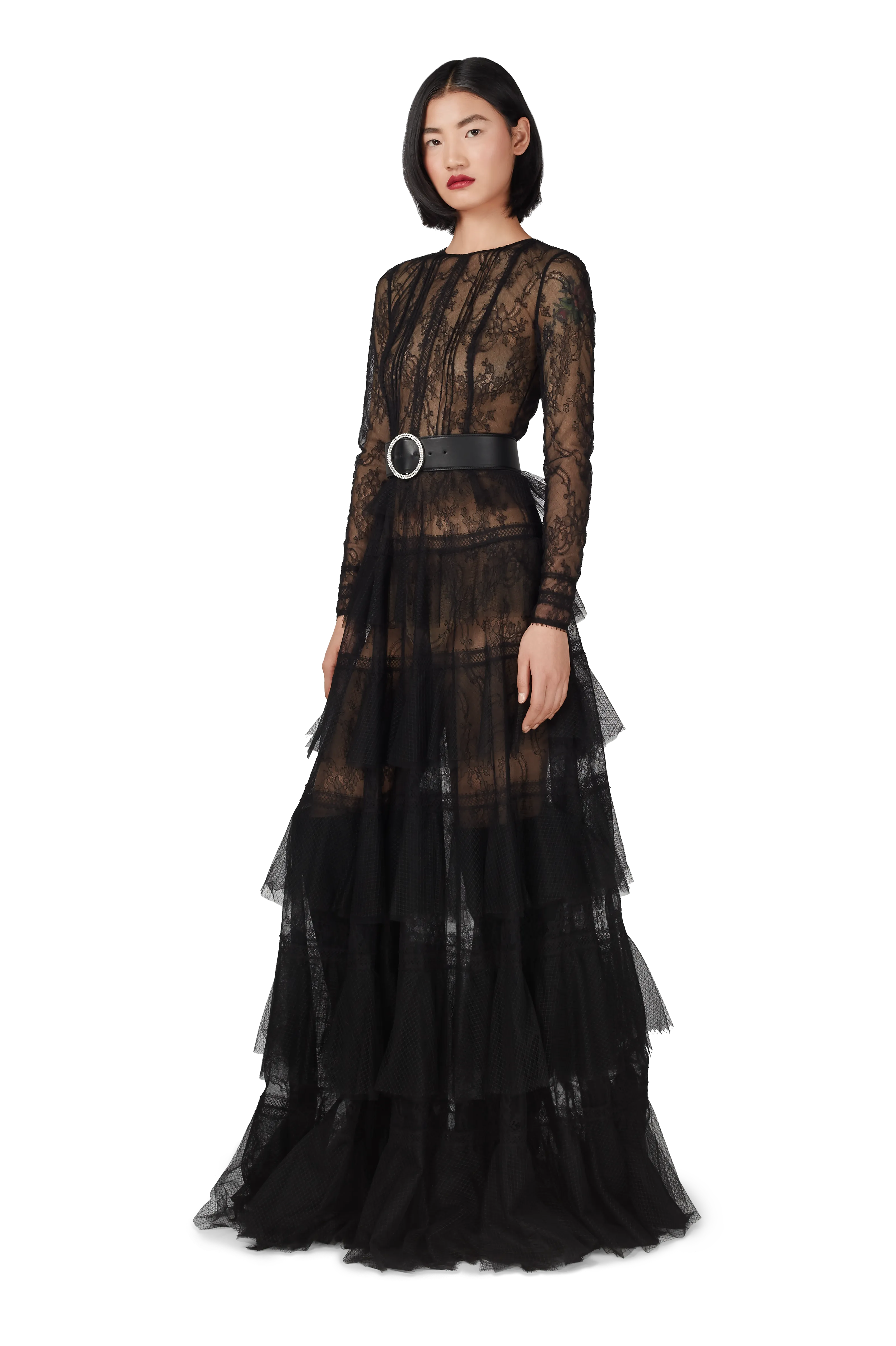 Black Chantilly Lace Pleated Gown