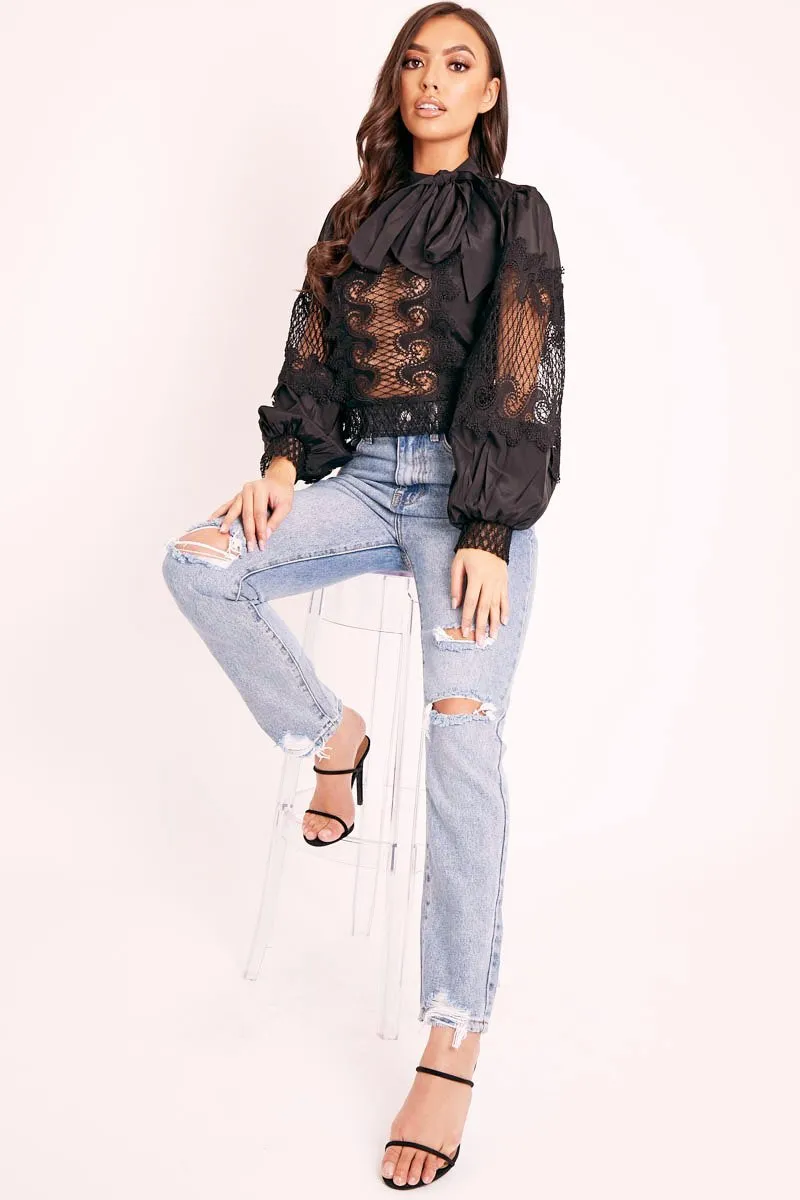 Black Lace Panel Neck Tie Blouse - Ophia