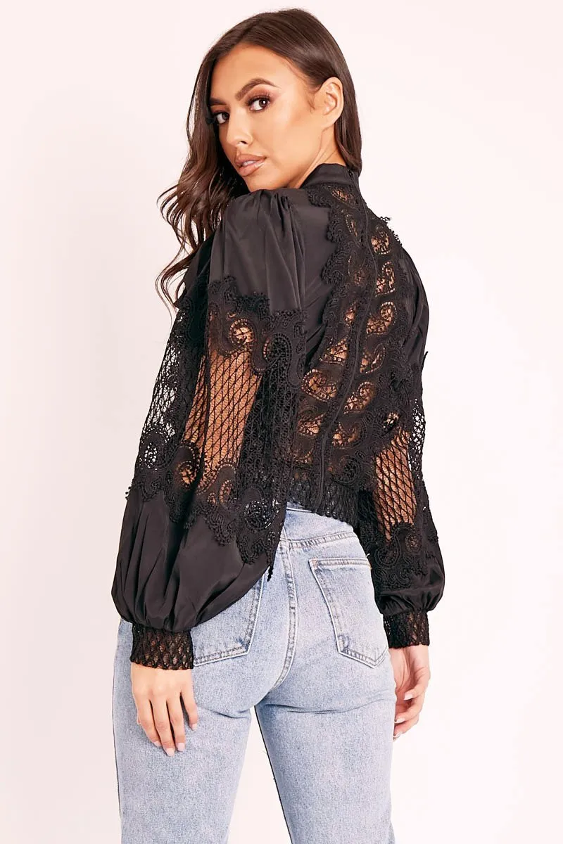 Black Lace Panel Neck Tie Blouse - Ophia