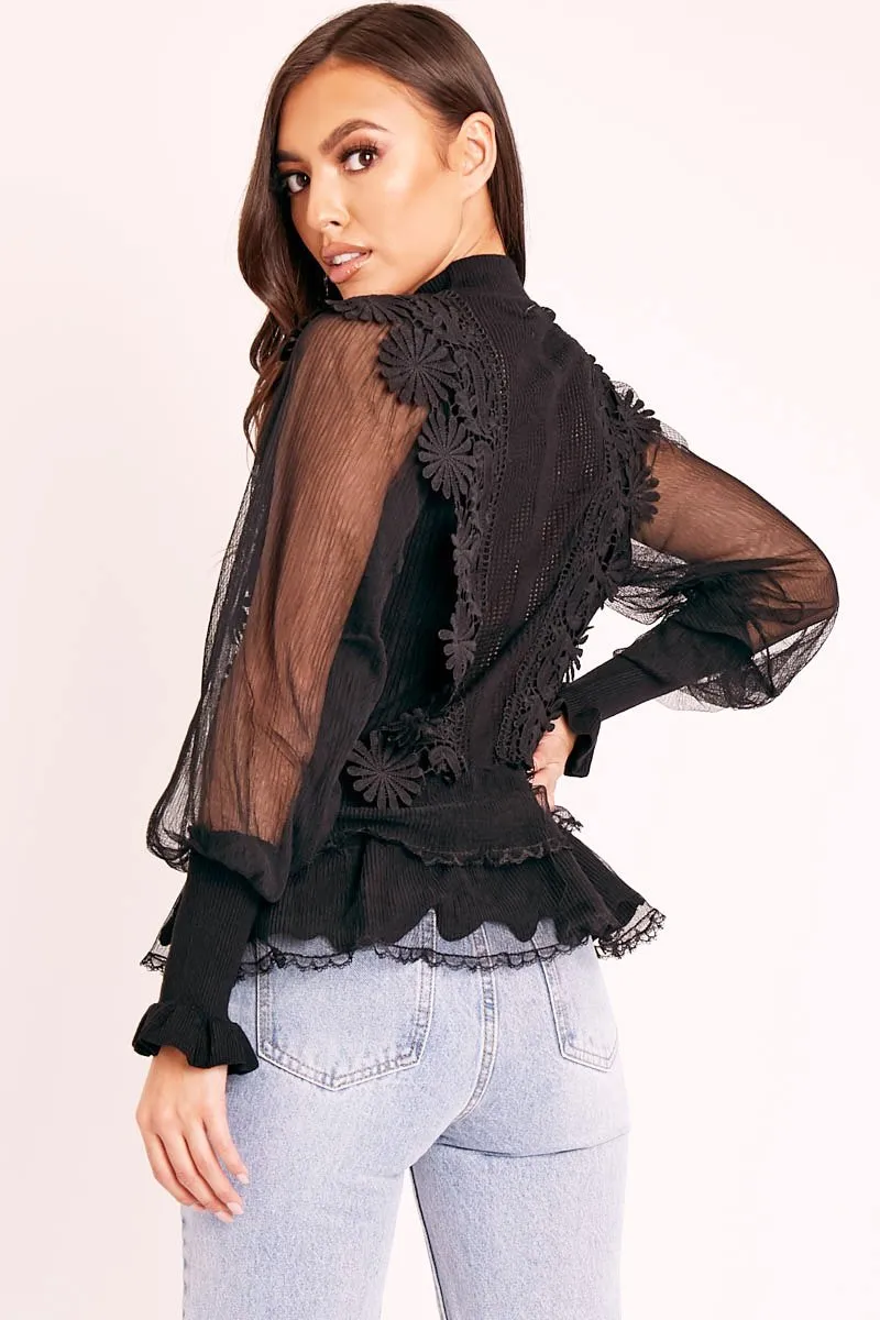 Black Lace Panel Net Sleeve Jumper - Dalila