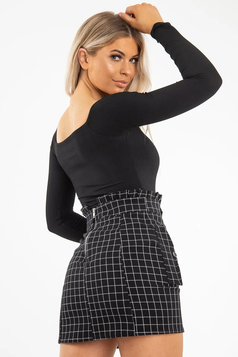 Black Ribbed Square Neck Bodysuit - Alysha