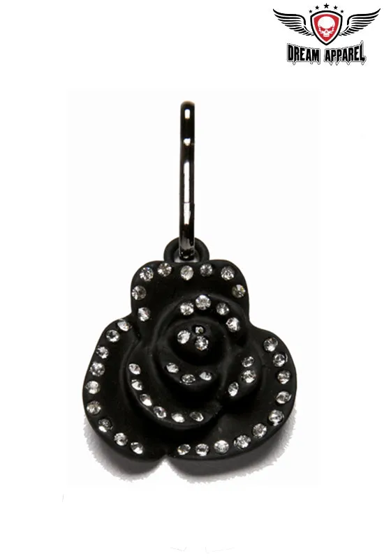 Black Rose With Rhinestones Zipper Puller