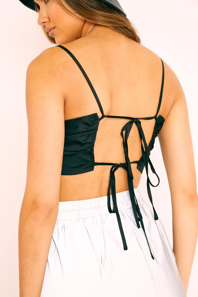 Black Satin Bow Tie Back Crop Top - Jeylin