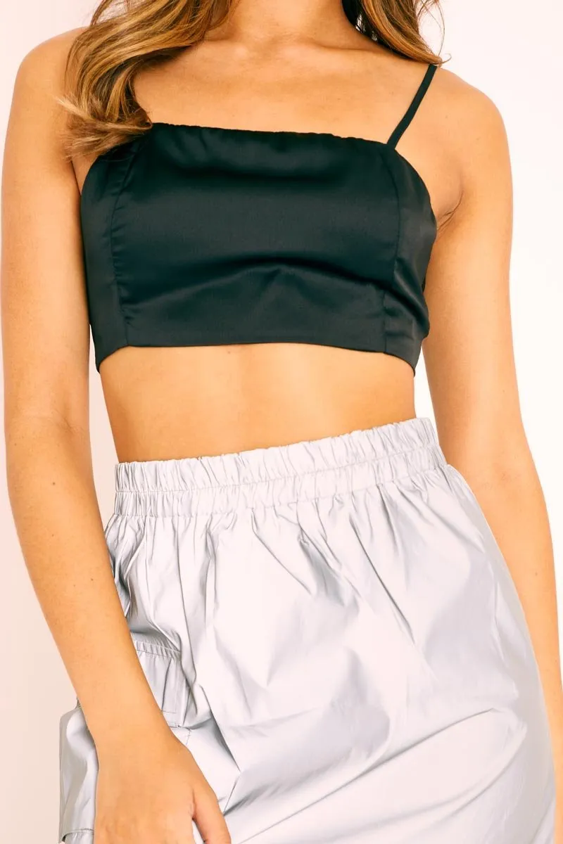 Black Satin Bow Tie Back Crop Top - Jeylin