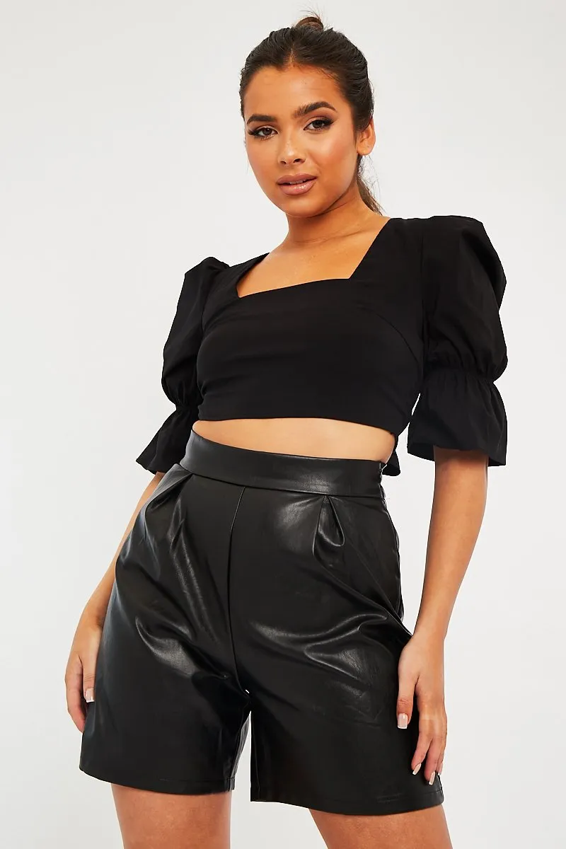 Black Square Neck Open Back Crop Top - Faisa