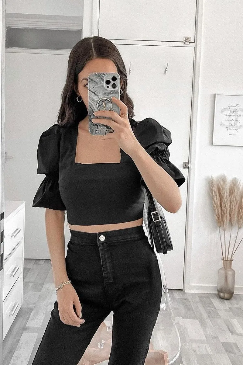 Black Square Neck Open Back Crop Top - Faisa