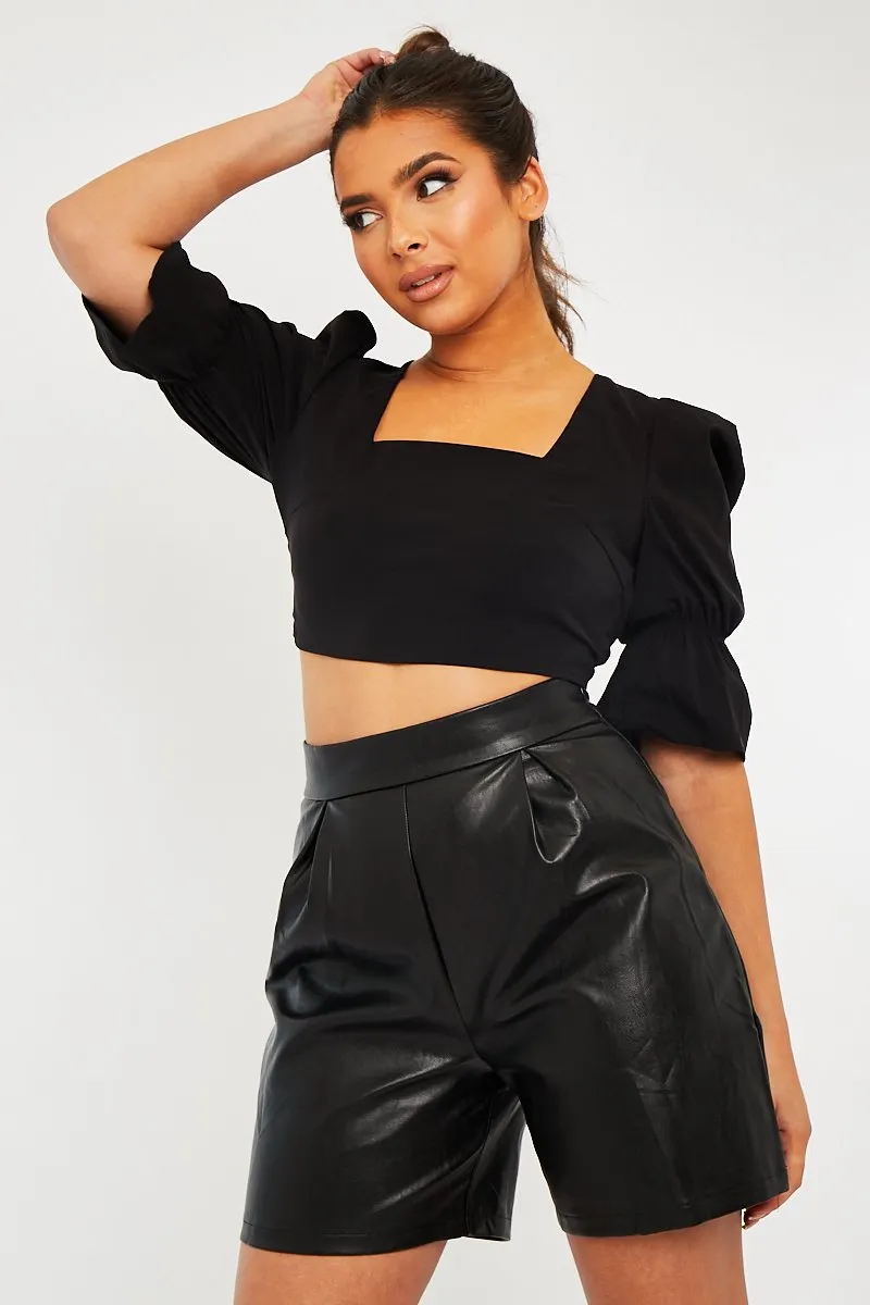 Black Square Neck Open Back Crop Top - Faisa