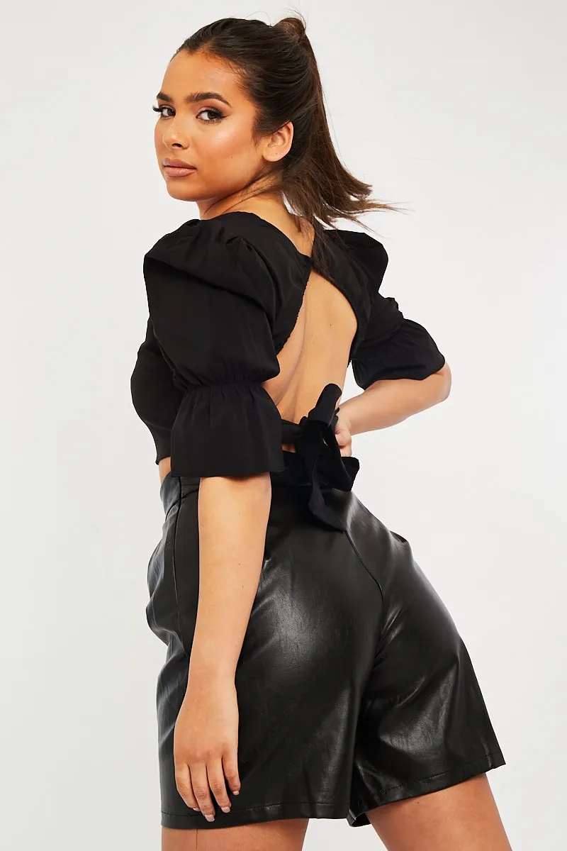 Black Square Neck Open Back Crop Top - Faisa