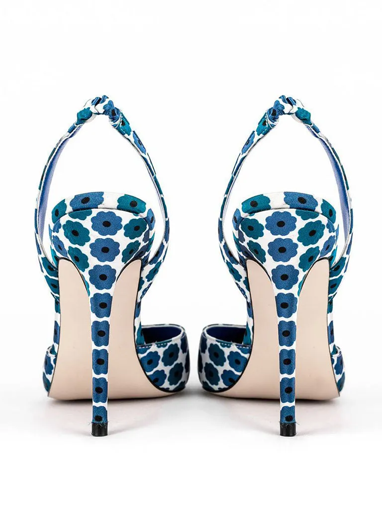 Blue 12cm Height Women's Floral Print Pointed Toe PU Leather Heels