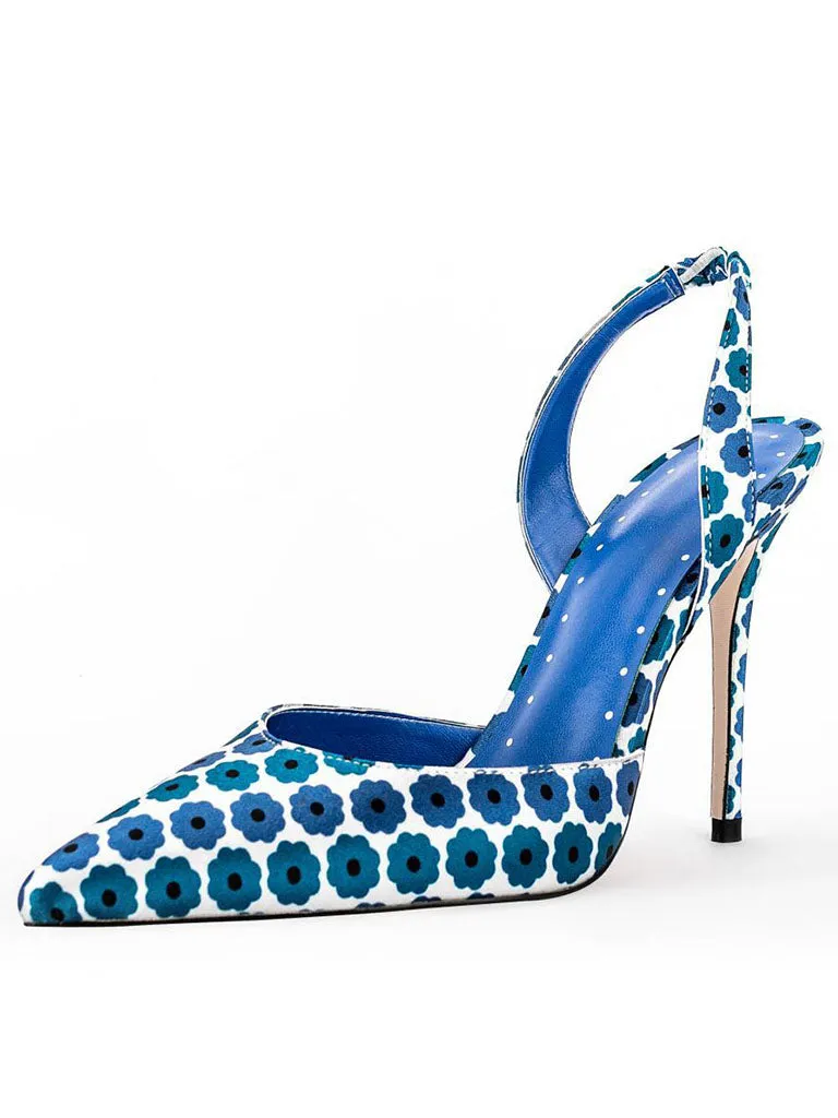 Blue 12cm Height Women's Floral Print Pointed Toe PU Leather Heels