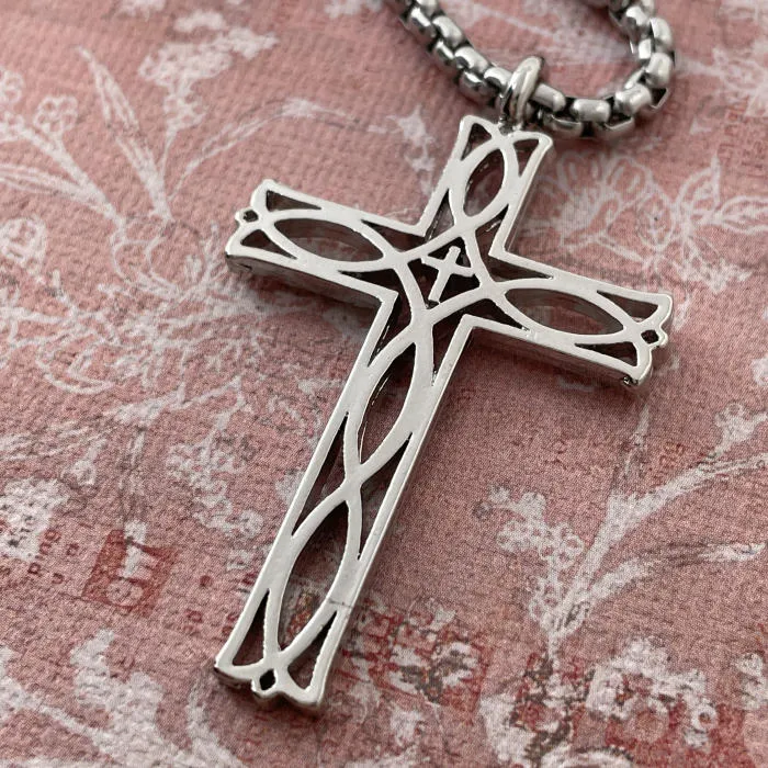 Cross Ichthus Fish Imitation Rhodium Metal Finish Pendant Silver Finish Heavy Chain Necklace