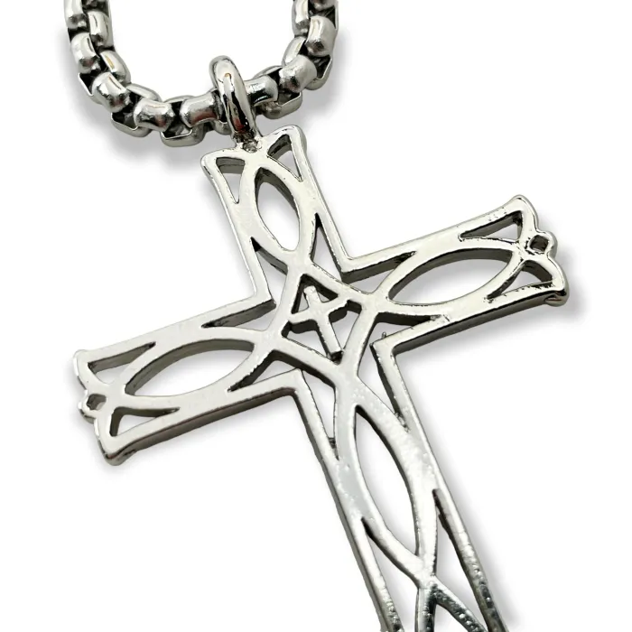 Cross Ichthus Fish Imitation Rhodium Metal Finish Pendant Silver Finish Heavy Chain Necklace