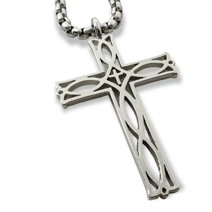 Cross Ichthus Fish Imitation Rhodium Metal Finish Pendant Silver Finish Heavy Chain Necklace