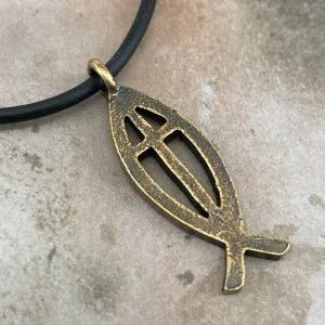 Cross Ichthus Jesus Fish Antique Brass Finish Black Cord Necklace