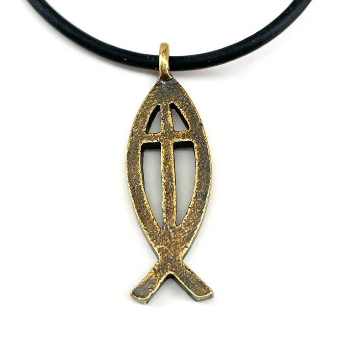 Cross Ichthus Jesus Fish Antique Brass Finish Black Cord Necklace