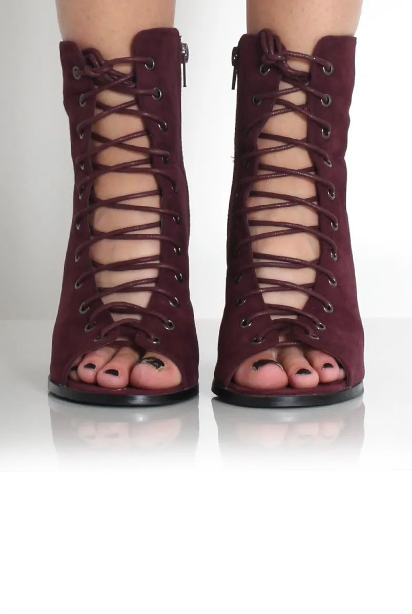 Don Burgundy Lace Up Peep Toe Ankle Boots