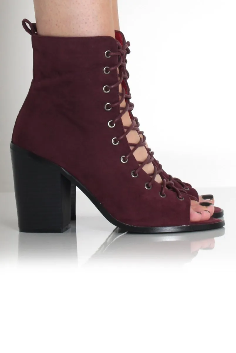 Don Burgundy Lace Up Peep Toe Ankle Boots