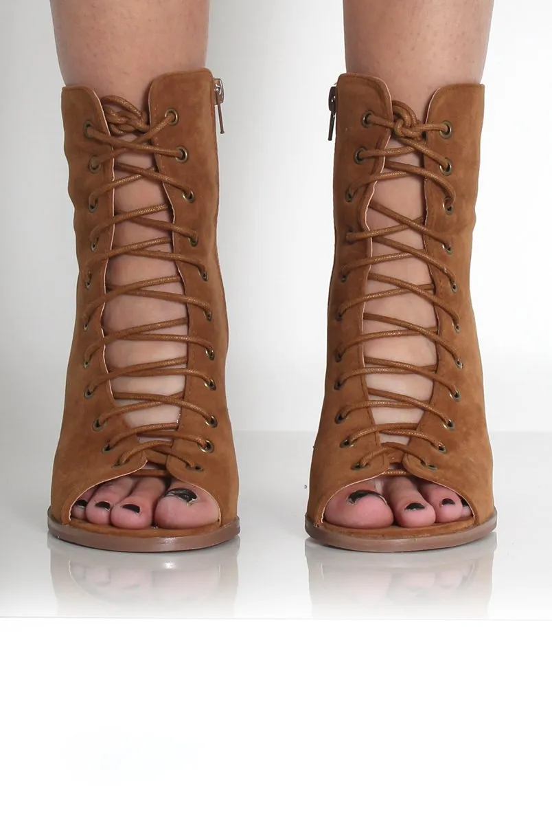 Don Tan Lace Up Peep Toe Ankle Boots