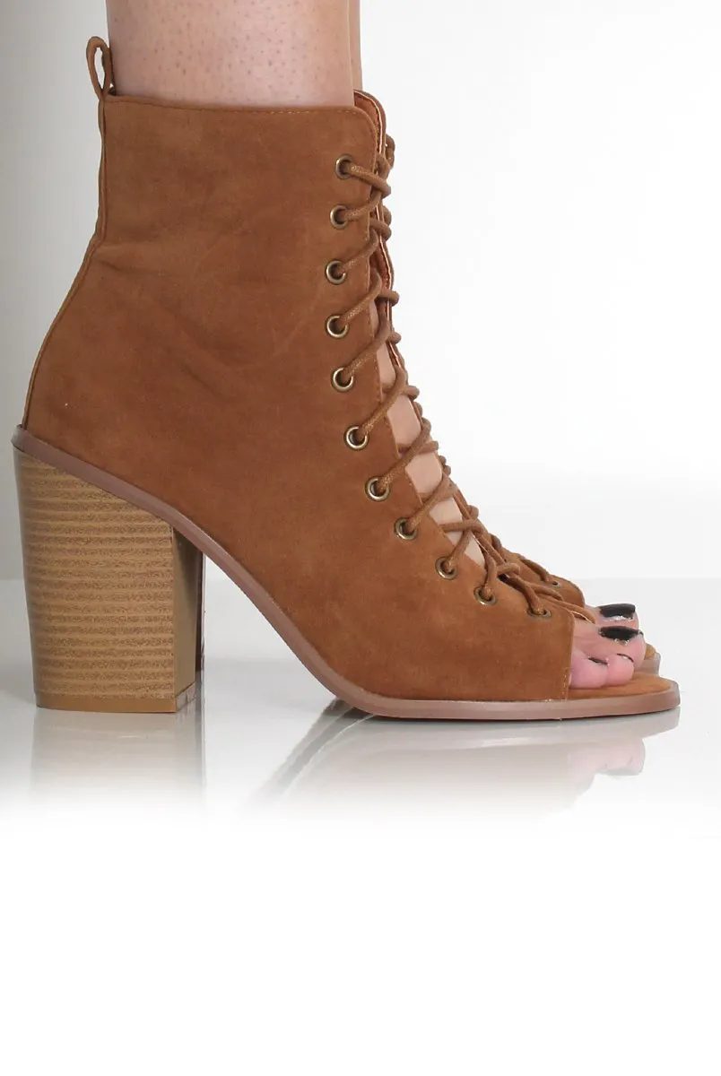 Don Tan Lace Up Peep Toe Ankle Boots