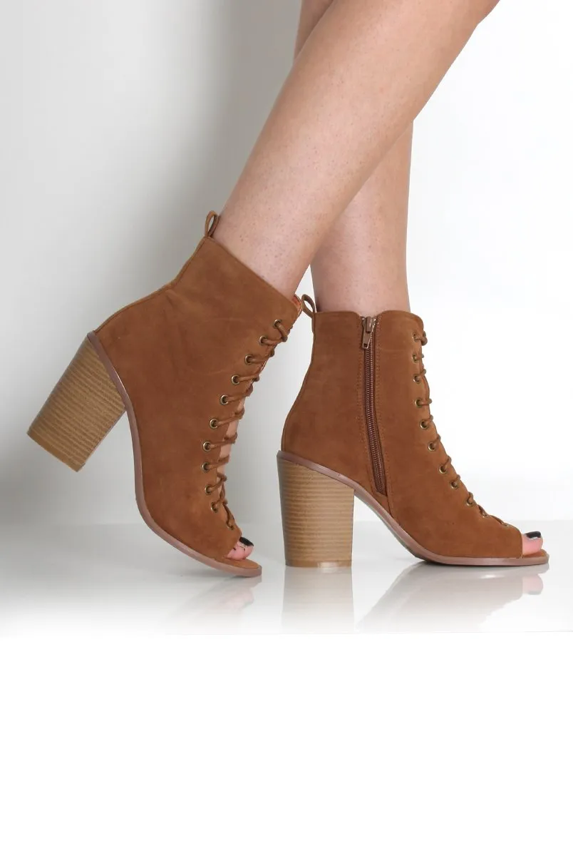 Don Tan Lace Up Peep Toe Ankle Boots