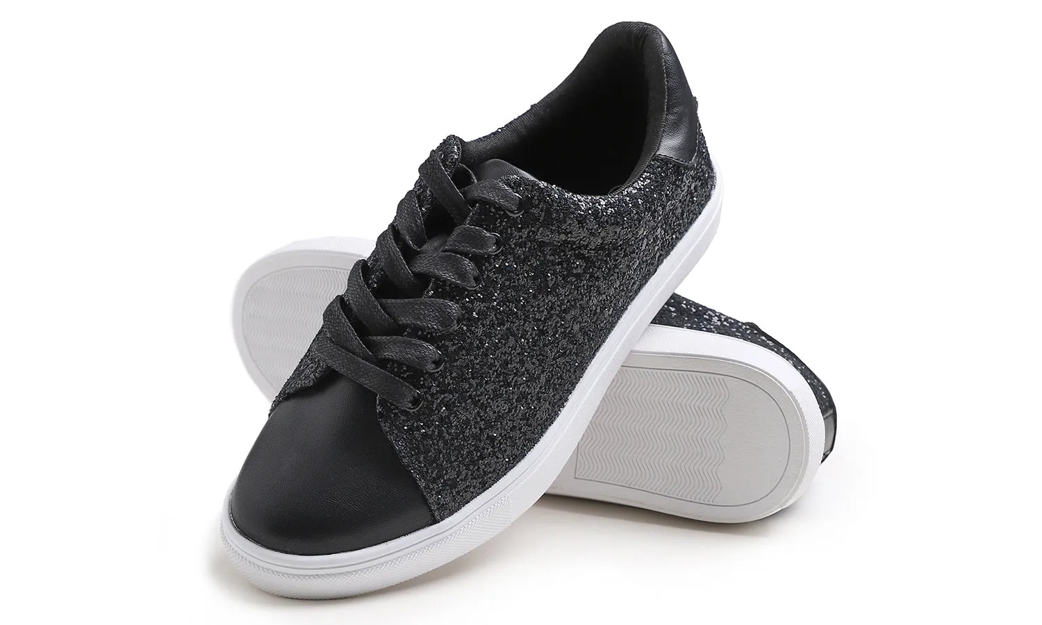 Feversole Women's Fashion Dress Sneakers Party Bling Casual Flats Embellished Shoes Black Glitter Lace