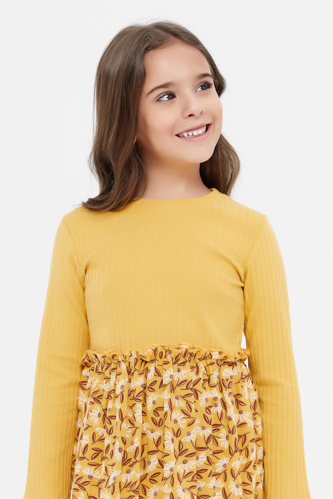 Girls Mustard Printed Dress