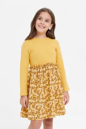 Girls Mustard Printed Dress