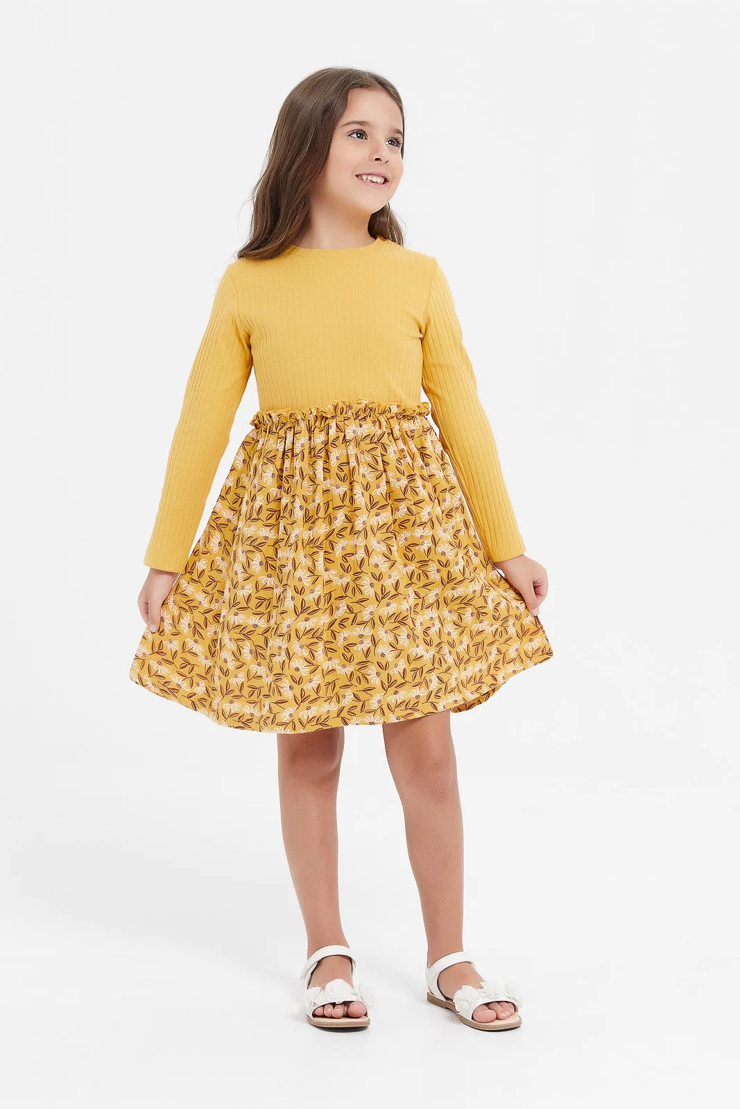 Girls Mustard Printed Dress