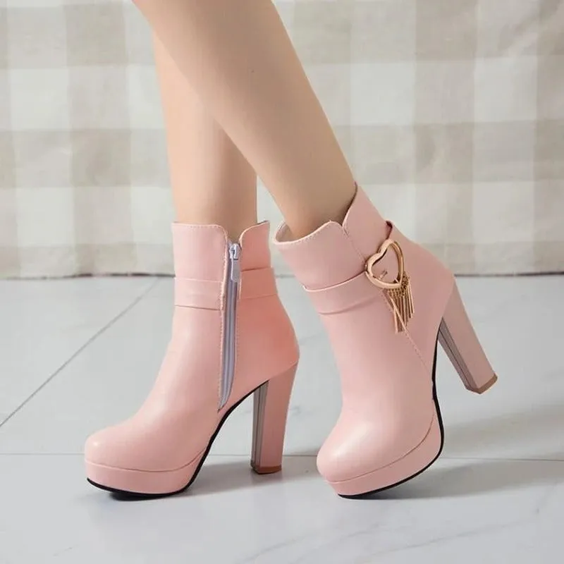 High-Heeled Sweetheart Tassel Ankle Boots for Women