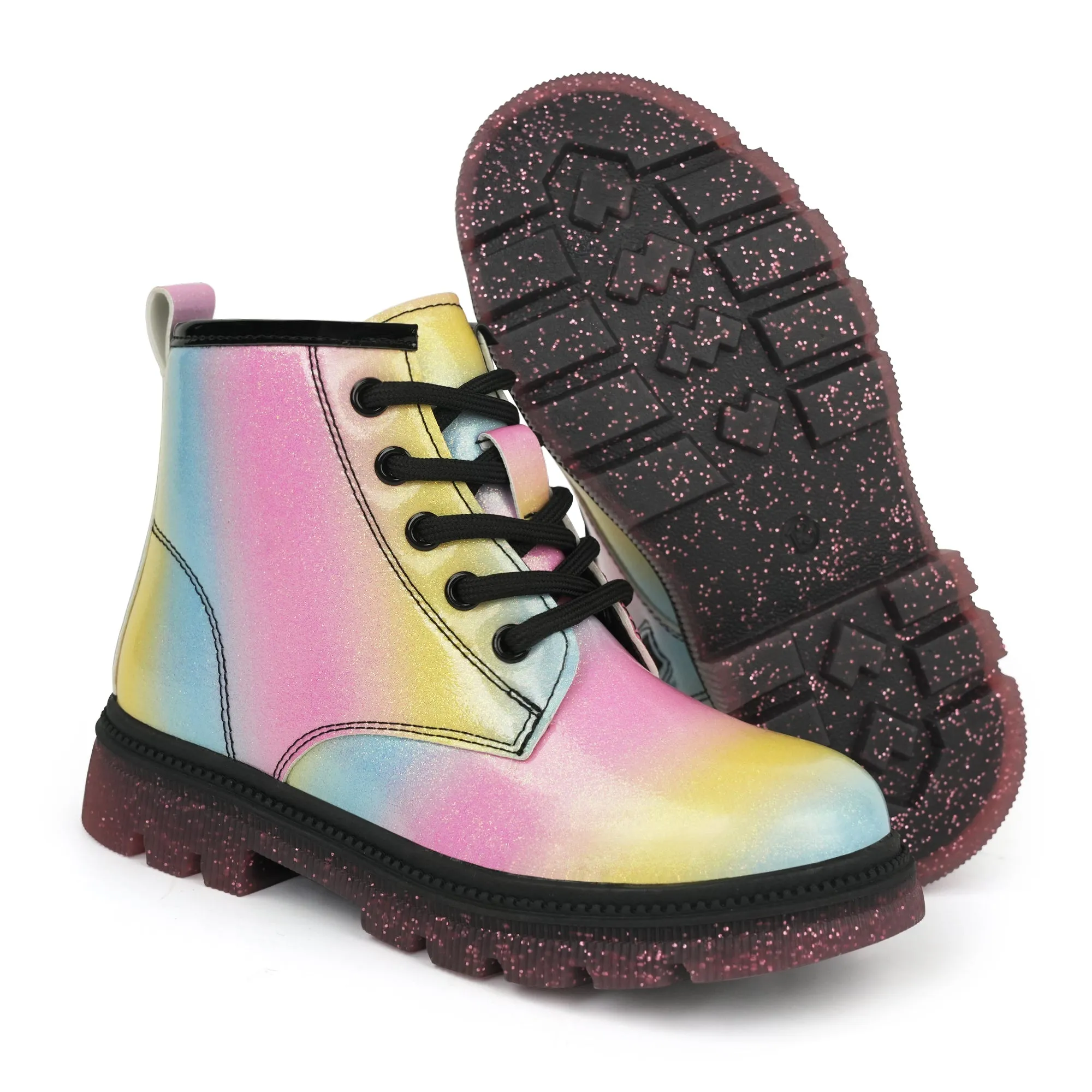 JABASIC Girls Ankle Boots Kids Lace-up Glittery Combat Work Boot