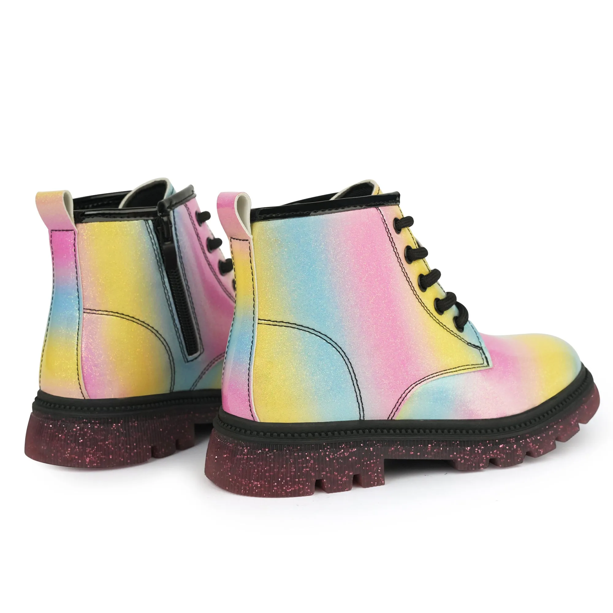 JABASIC Girls Ankle Boots Kids Lace-up Glittery Combat Work Boot