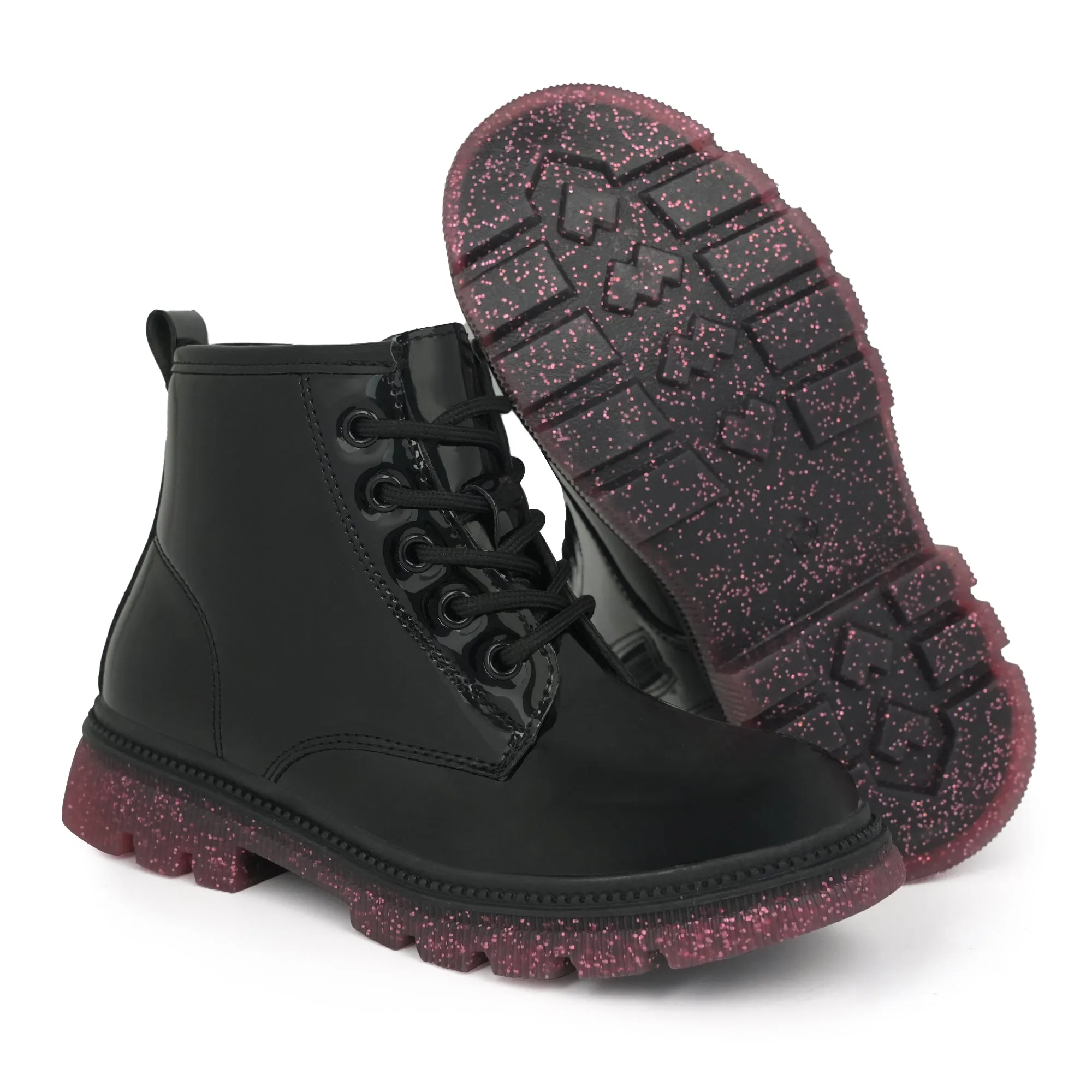 JABASIC Girls Ankle Boots Kids Lace-up Glittery Combat Work Boot