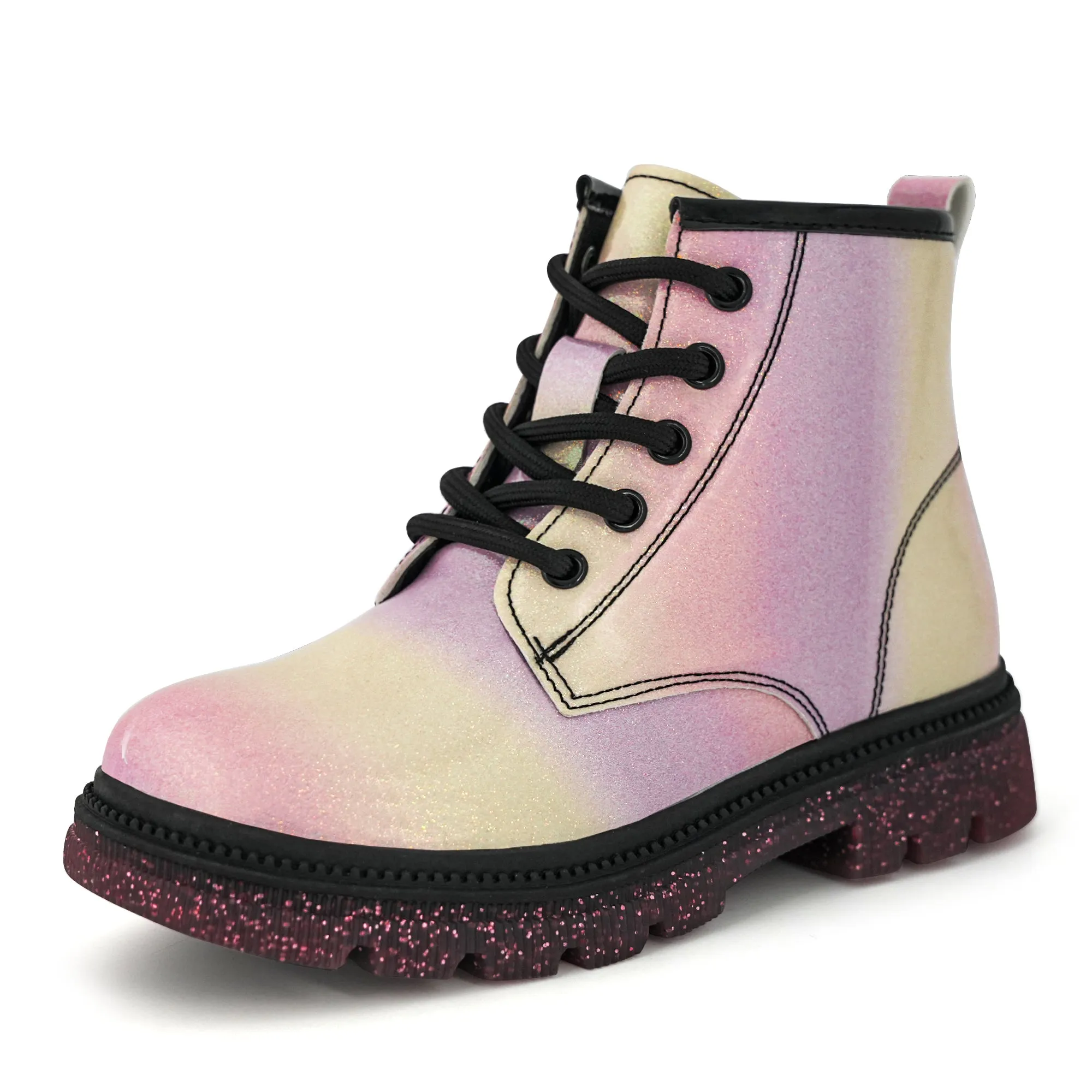 JABASIC Girls Ankle Boots Kids Lace-up Glittery Combat Work Boot