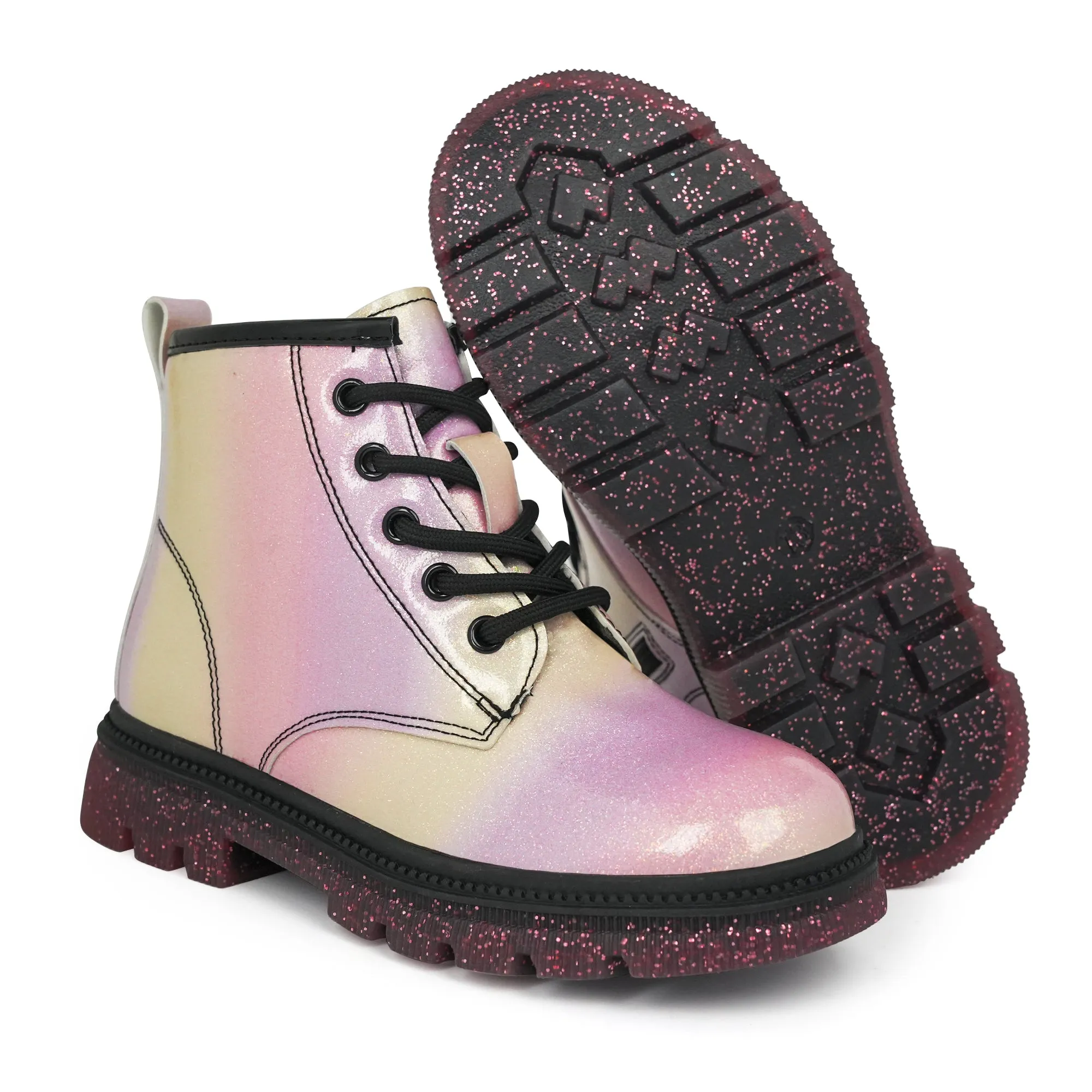 JABASIC Girls Ankle Boots Kids Lace-up Glittery Combat Work Boot