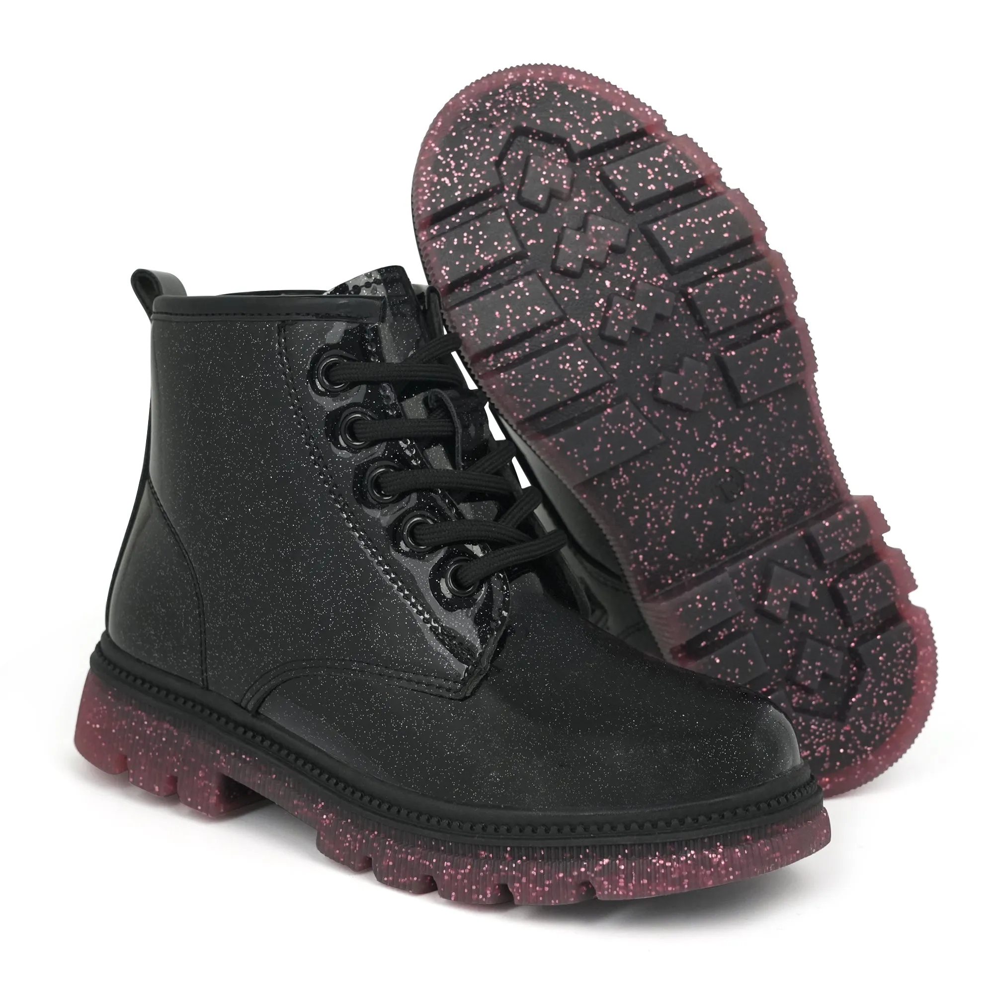 JABASIC Girls Ankle Boots Kids Lace-up Glittery Combat Work Boot