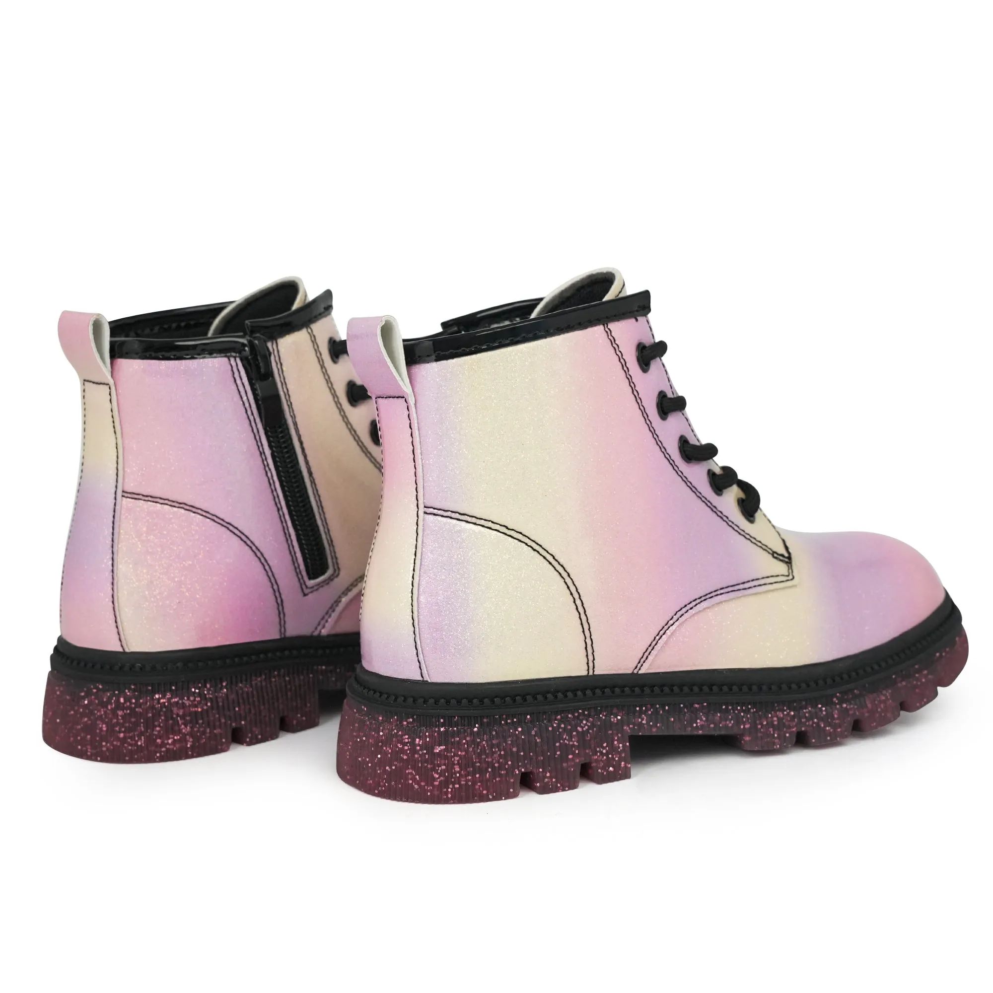 JABASIC Girls Ankle Boots Kids Lace-up Glittery Combat Work Boot