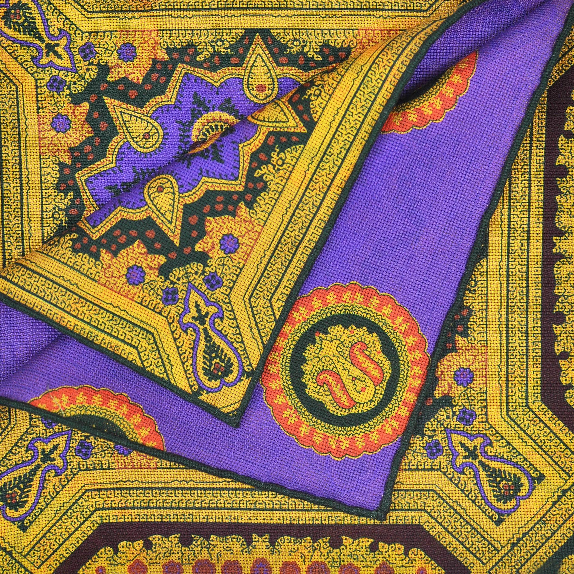 Medallions Reversible Panama Silk Pocket Square in Yellow, Purple & Orange