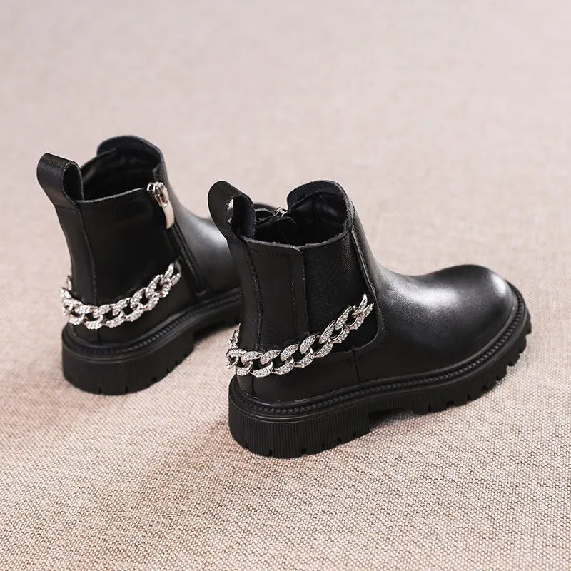 MOF Kids girls boots autumn winter chelsea ankle boots kids metal chain rhinestone