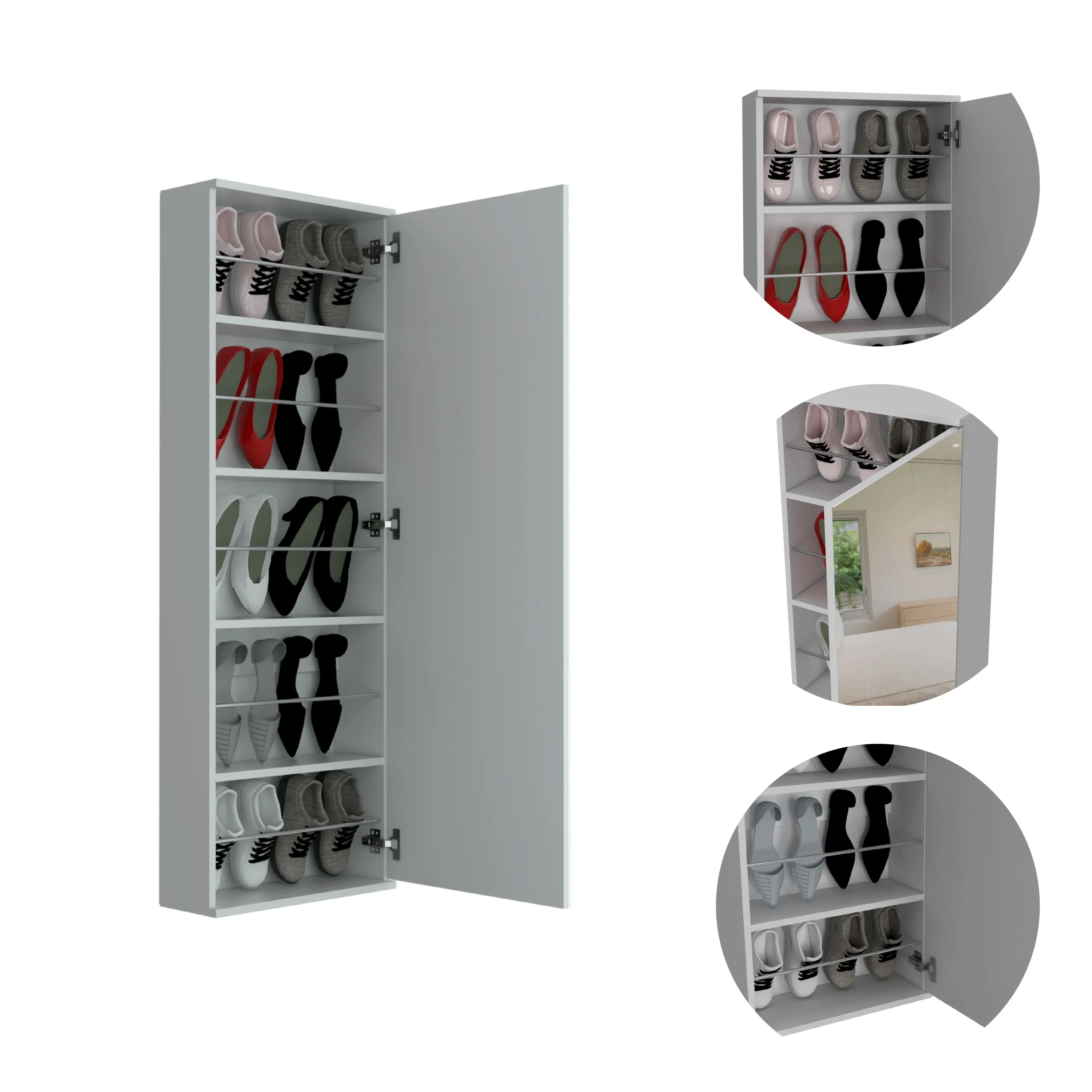 Montauk 5-Shelf Wall Mounted Shoe Cabinet with Mirror Door Light Grey