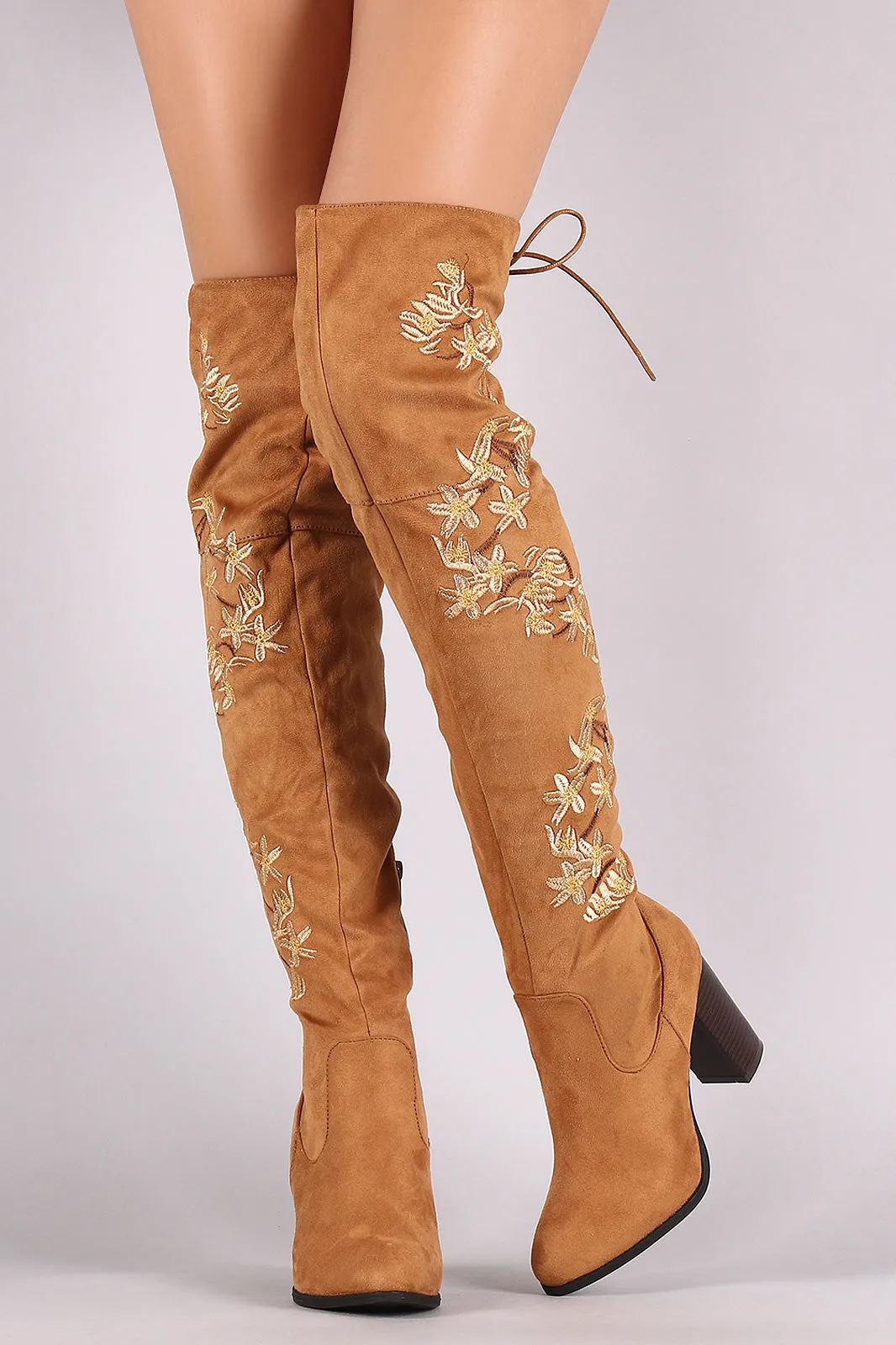 Qupid Embroidered Floral Suede Back Lace-Up Chunky Heeled Boots