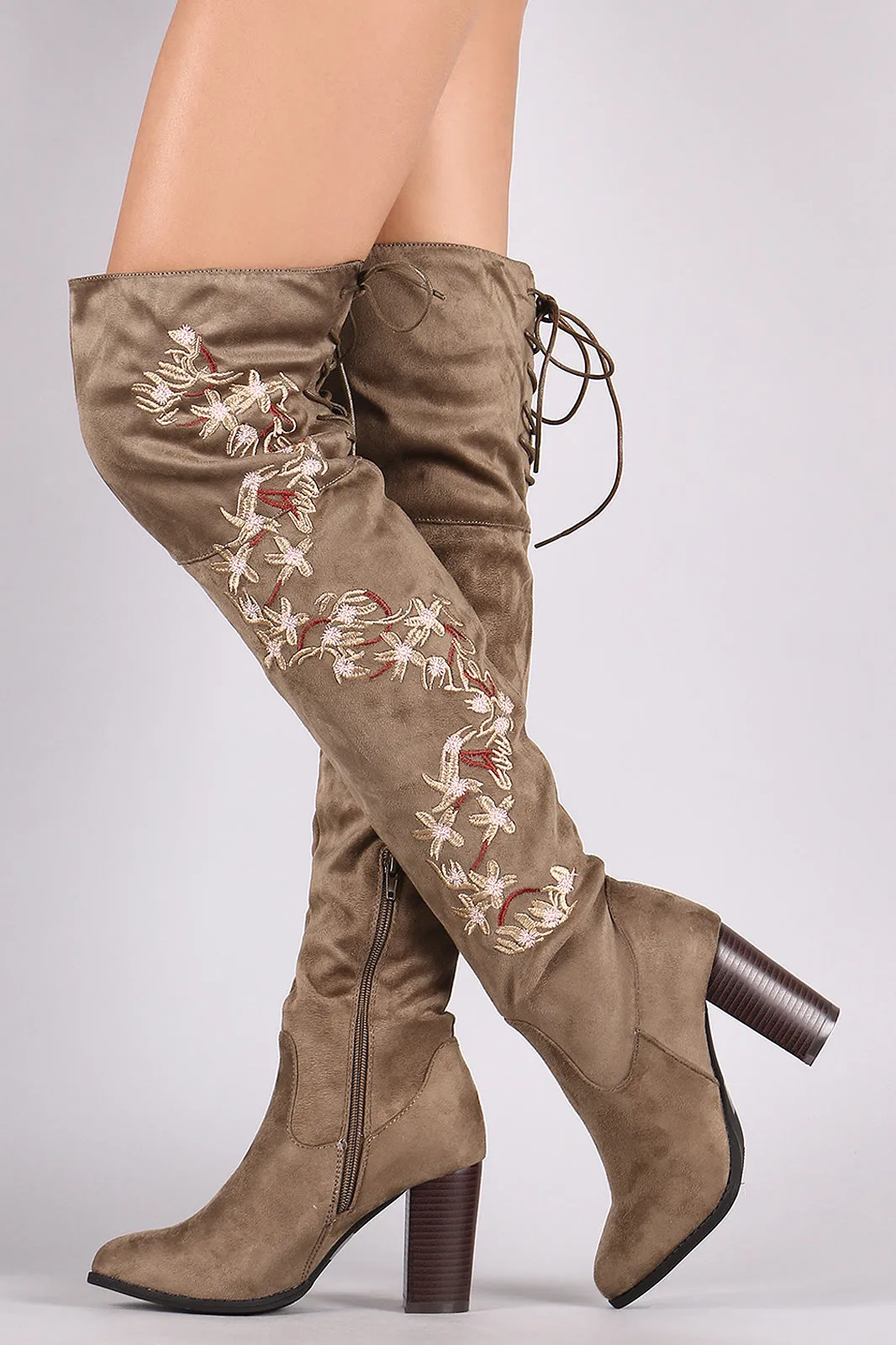 Qupid Embroidered Floral Suede Back Lace-Up Chunky Heeled Boots