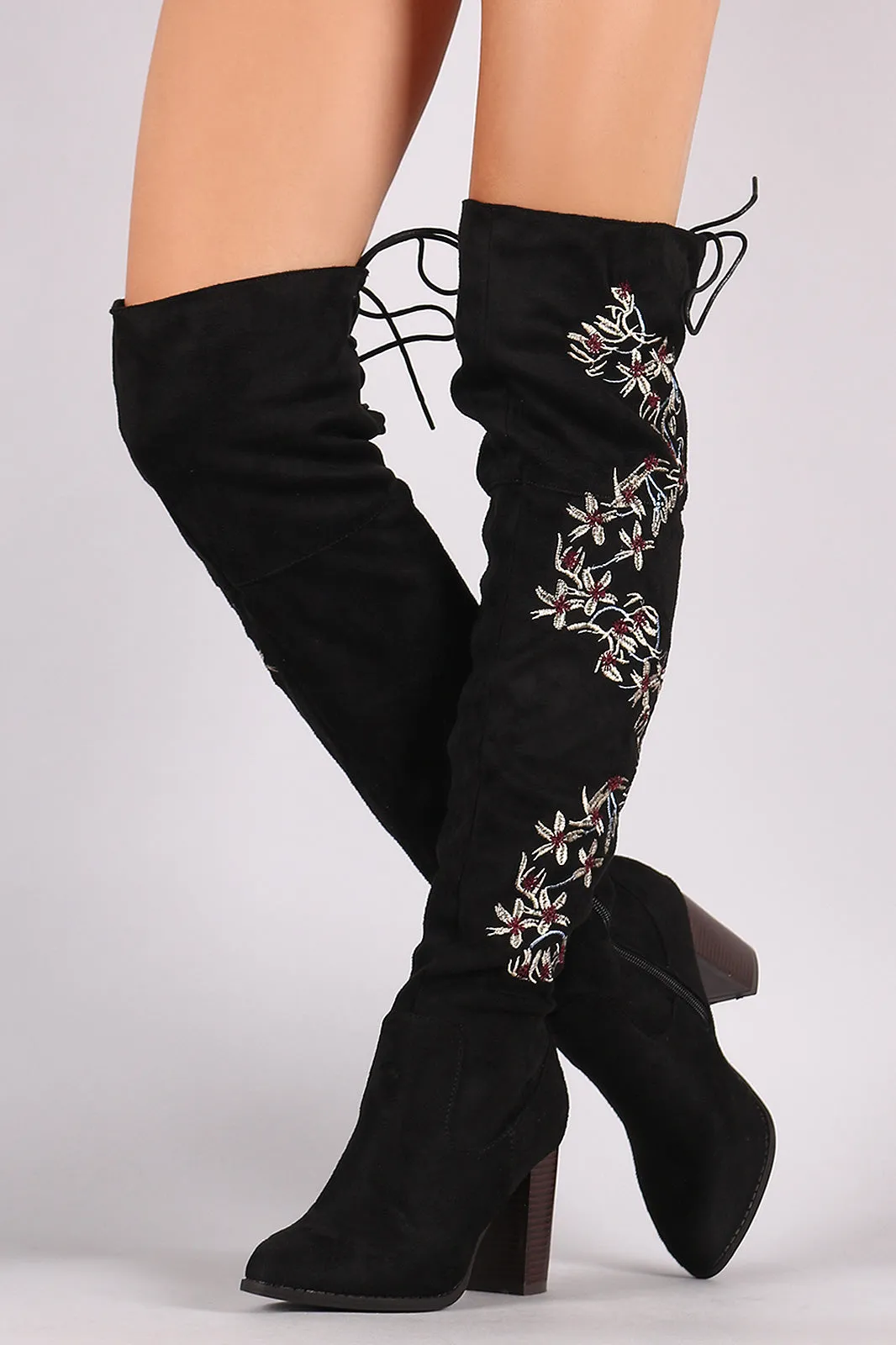 Qupid Embroidered Floral Suede Back Lace-Up Chunky Heeled Boots