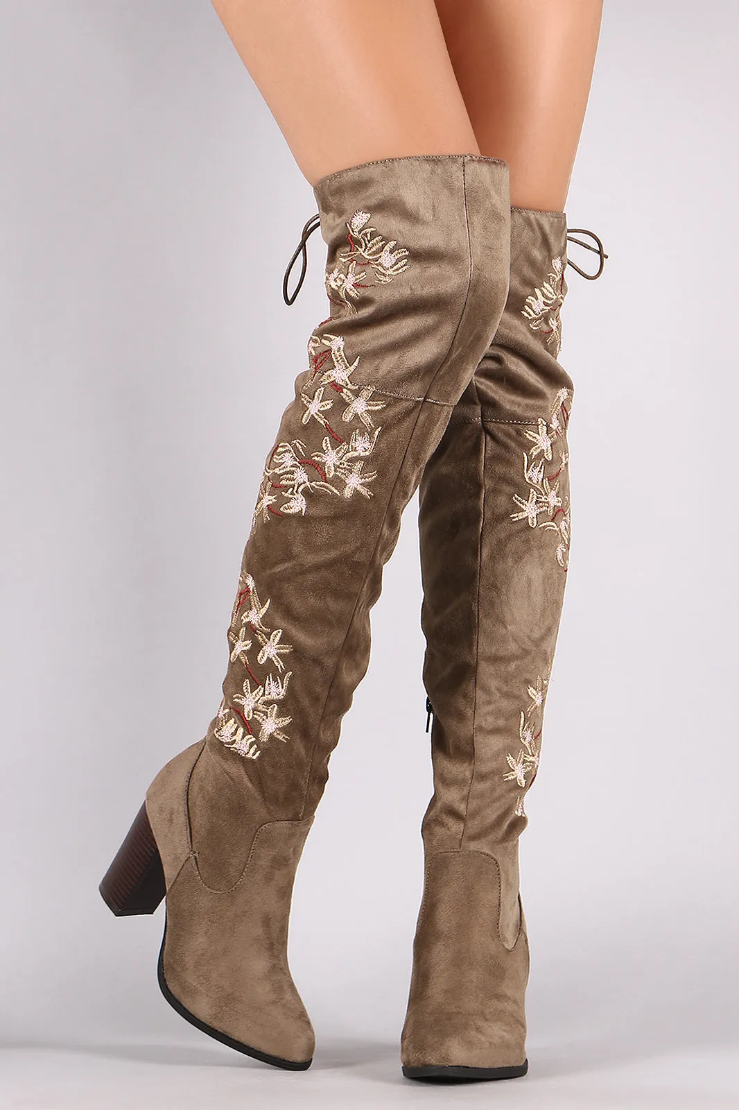 Qupid Embroidered Floral Suede Back Lace-Up Chunky Heeled Boots