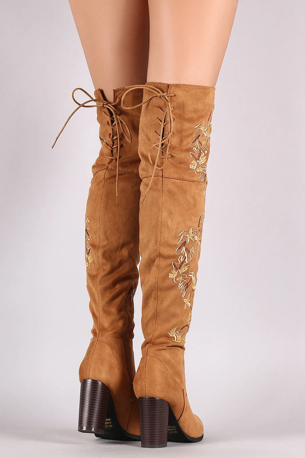 Qupid Embroidered Floral Suede Back Lace-Up Chunky Heeled Boots