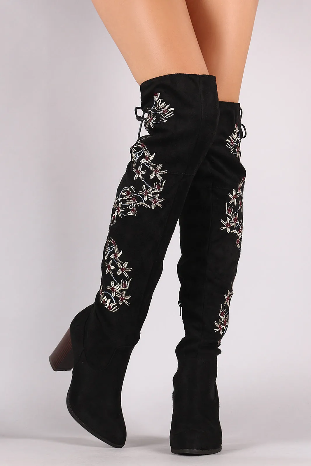 Qupid Embroidered Floral Suede Back Lace-Up Chunky Heeled Boots