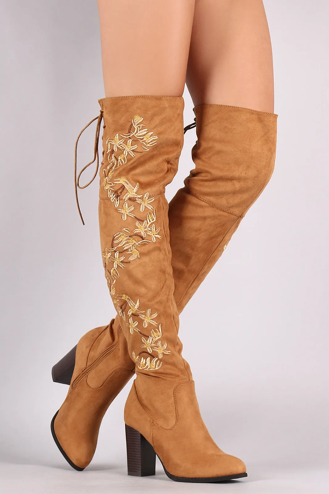 Qupid Embroidered Floral Suede Back Lace-Up Chunky Heeled Boots